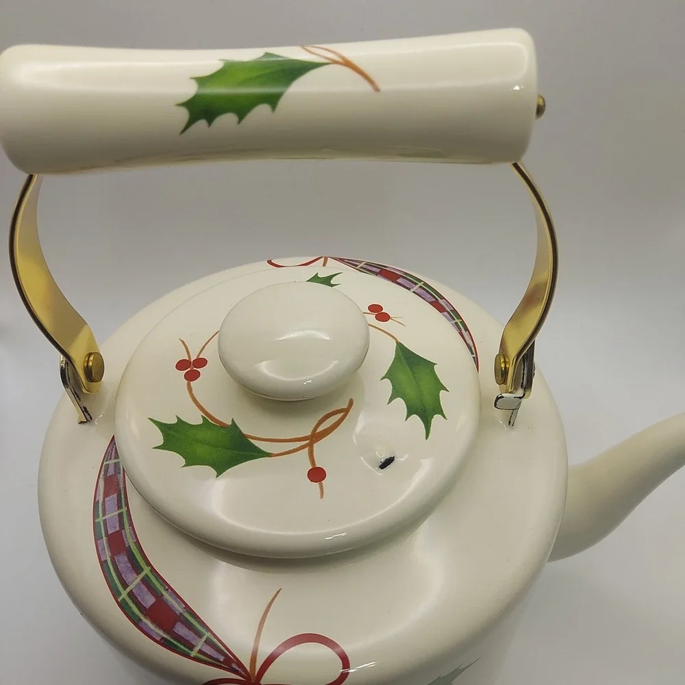 Lenox Holiday Nouveau Enamel Teakettle Christmas Holly Ribbon Made‎ Thailand
